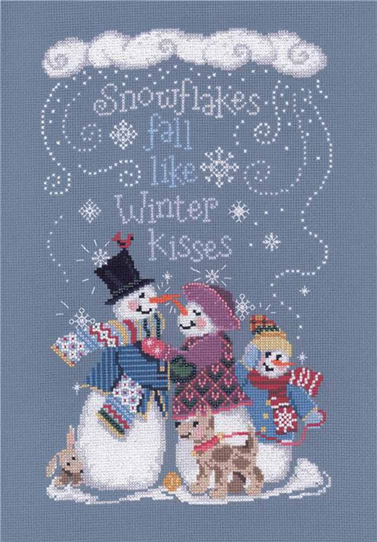 A stitched preview of the counted cross stitch pattern Winter Kisses by Sandra Cozzolino