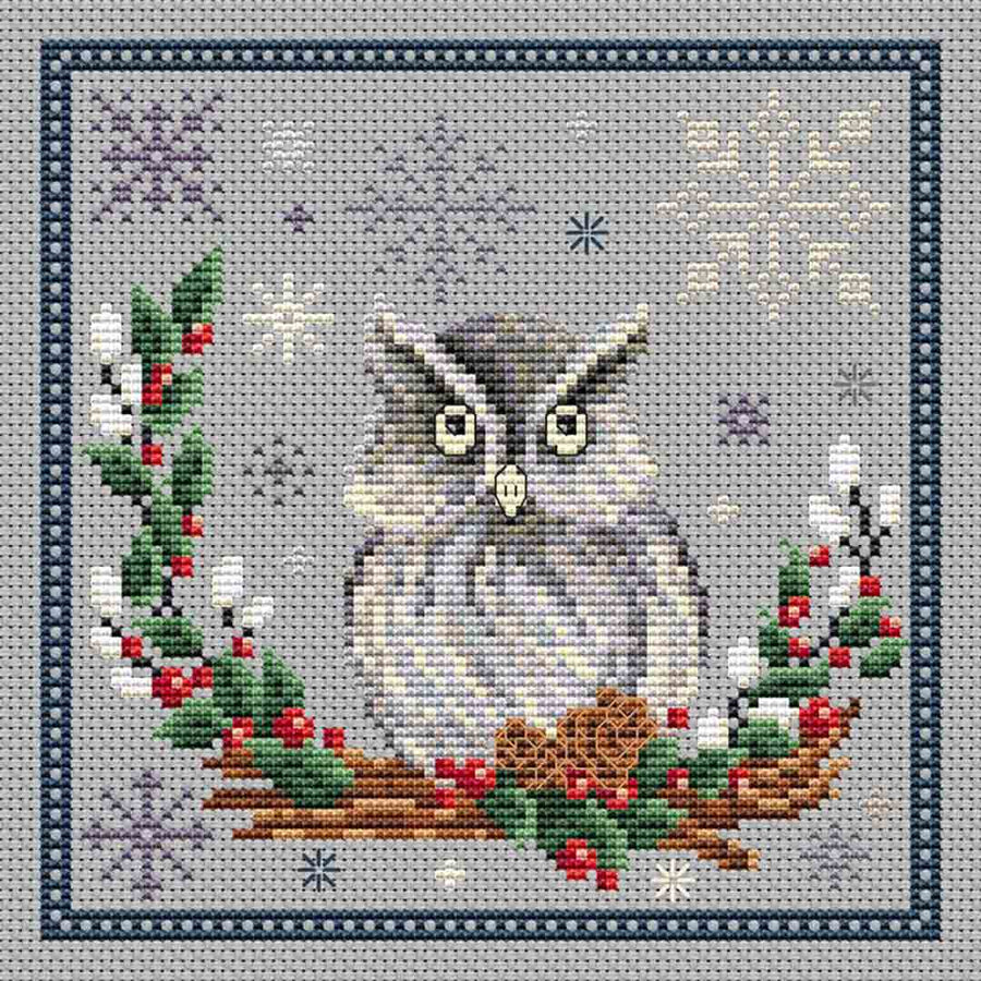 A stitched preview of the counted cross stitch pattern Winter Owl by Erin Elizabeth Designs