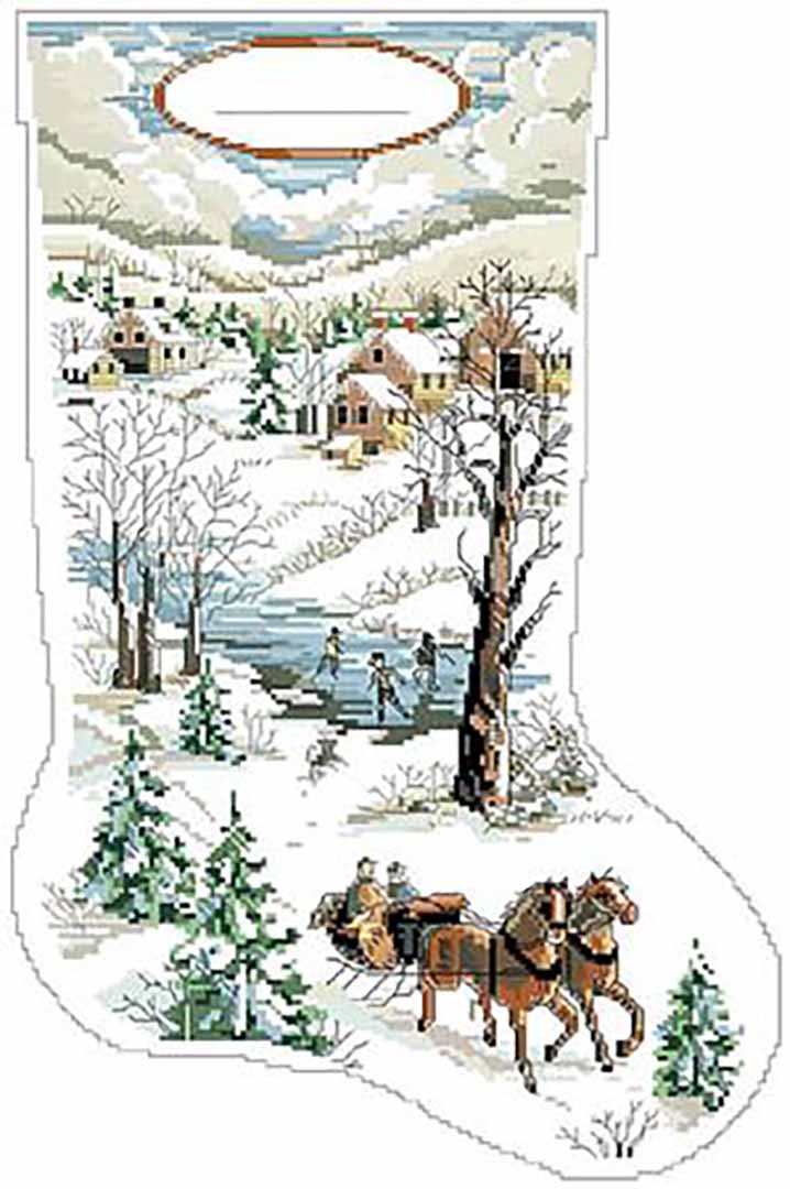 A stitched preview of the counted cross stitch pattern Winter Scene Stocking by Kooler Design Studio