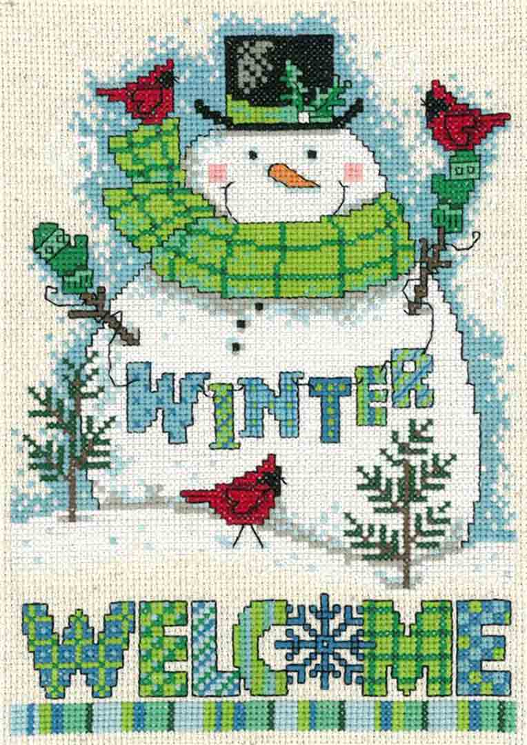 A stitched preview of the counted cross stitch pattern Winter Welcome Snowman by Diane Arthurs