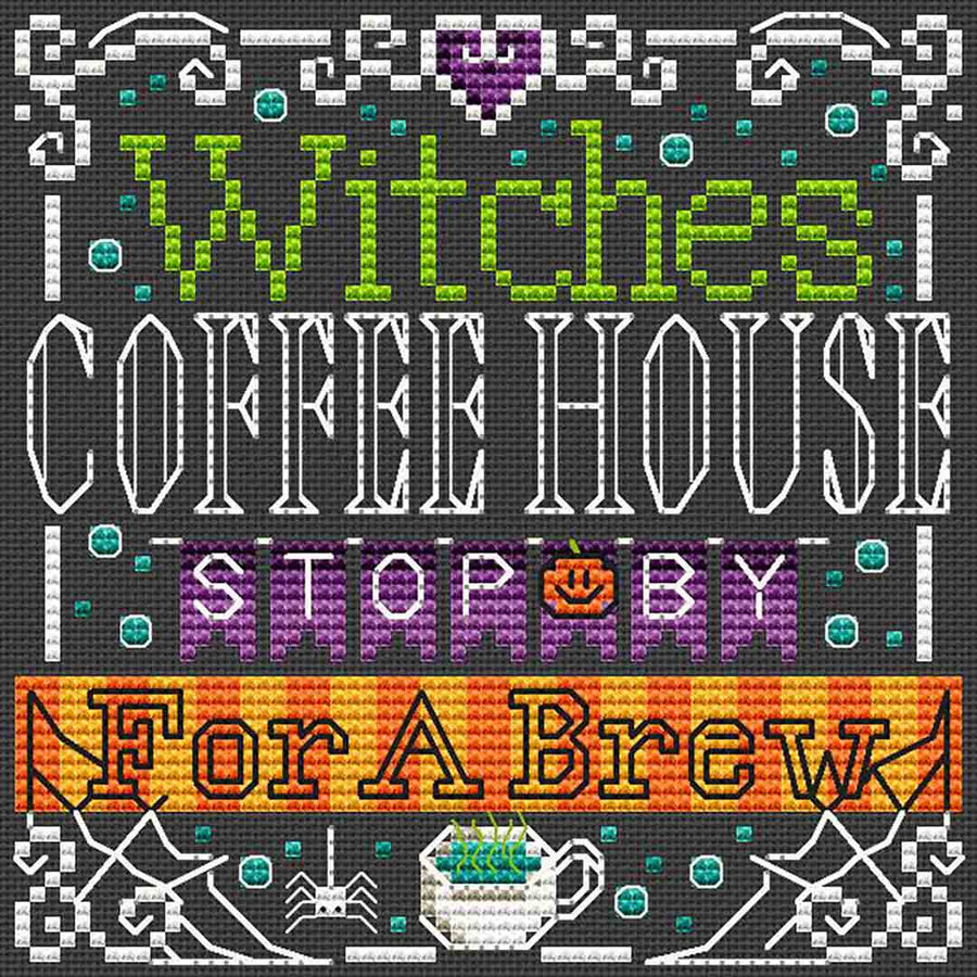 A stitched preview of the counted cross stitch pattern Witches Coffee House by Erin Elizabeth Designs