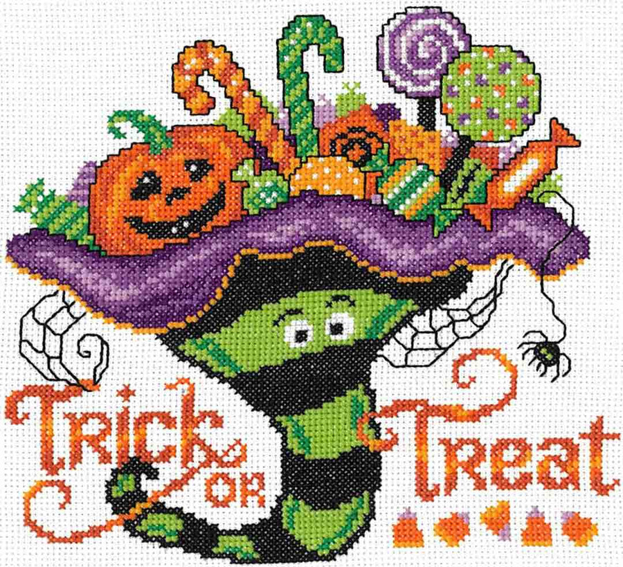 A stitched preview of the counted cross stitch pattern Witchy Treats by Ursula Michael