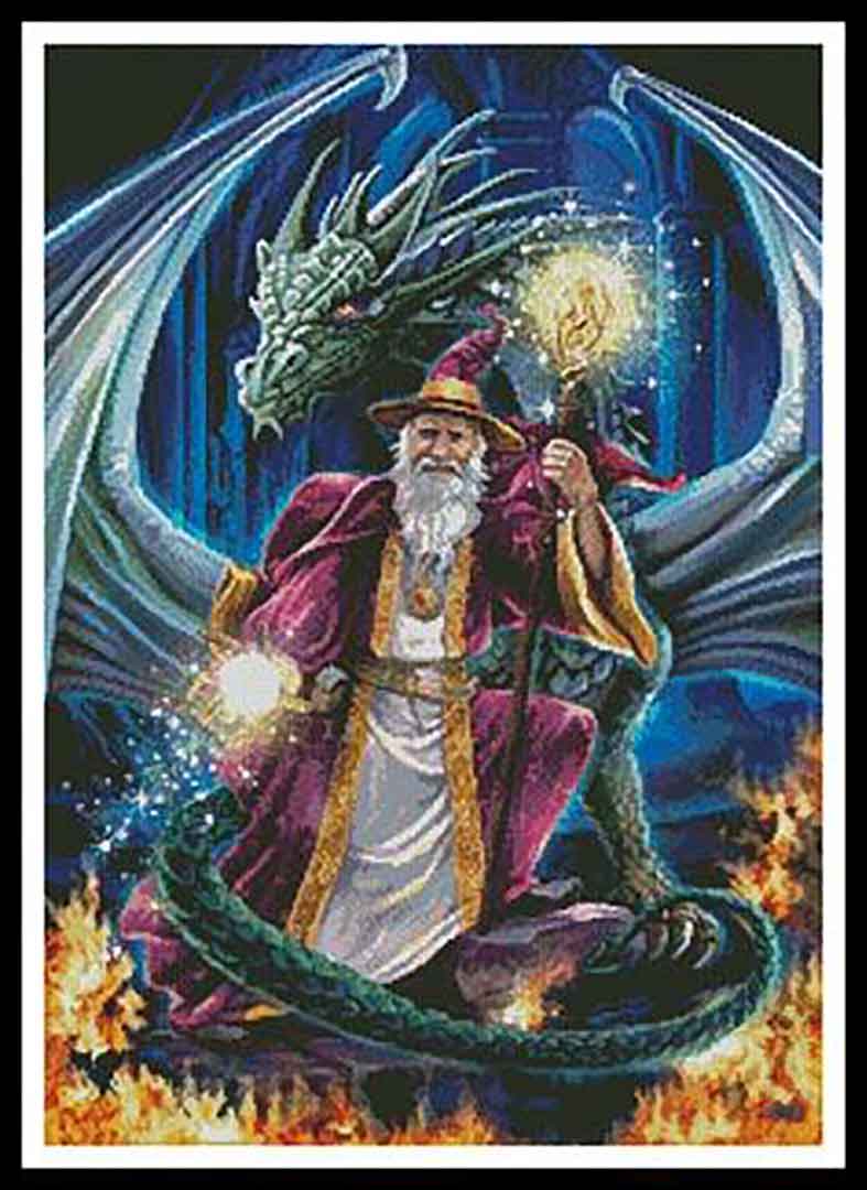 A stitched preview of the counted cross stitch pattern Wizard With Dragon by Artecy Cross Stitch