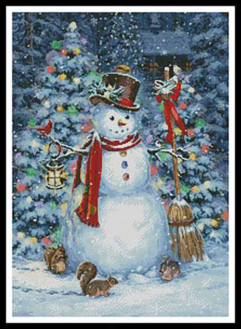 A stitched preview of the counted cross stitch pattern Woodland Snowman by Artecy Cross Stitch