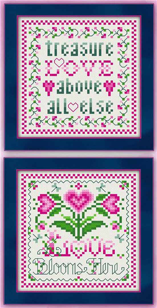 A stitched preview of the counted cross stitch pattern Words Of Love by Joan A Elliott