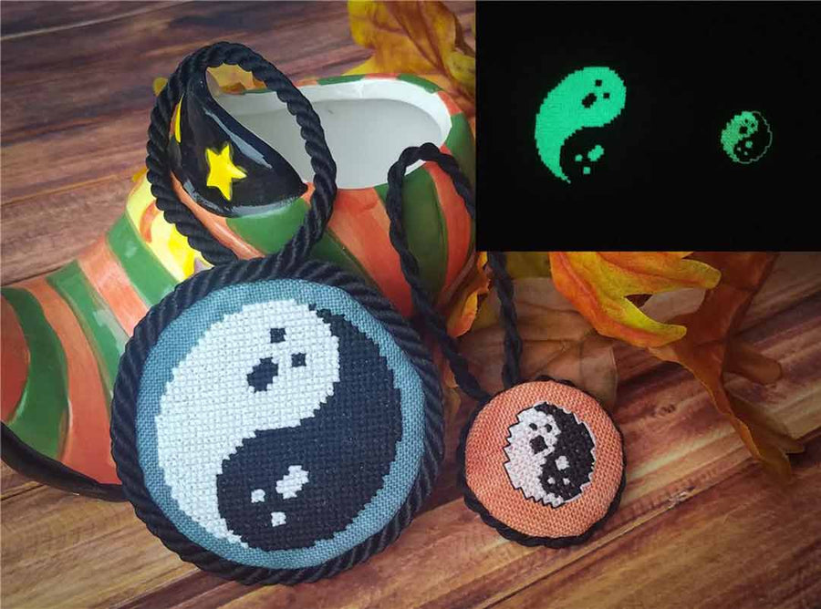 A stitched preview of the counted cross stitch pattern Yin Yang Ghosts by KEB Studio Creations