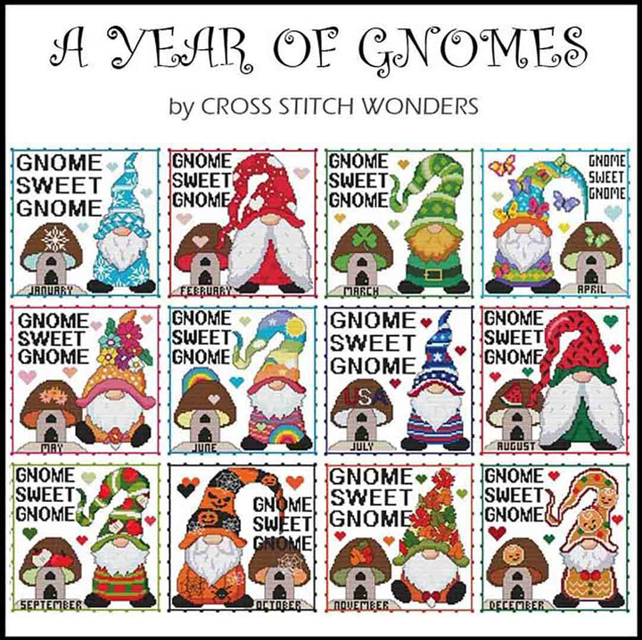 A stitched preview of the counted cross stitch pattern A Year Of Gnomes - All 12 Months by Marcia Manning