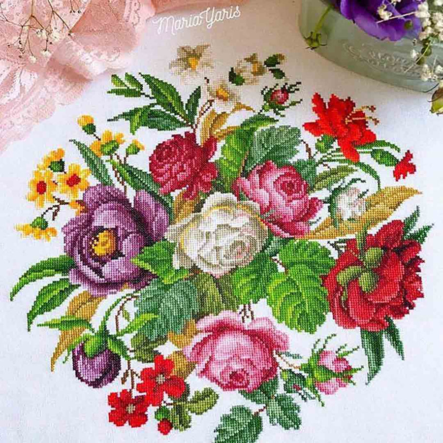 A stitched preview of the counted cross stitch pattern Antique Berlin Floral Bouquet by Antique Needlework Design