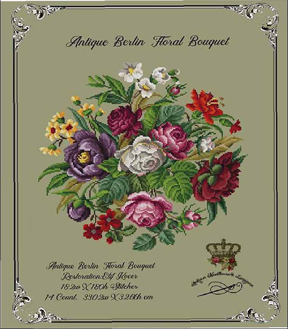An image of the cover of the counted cross stitch pattern Antique Berlin Floral Bouquet by Antique Needlework Design
