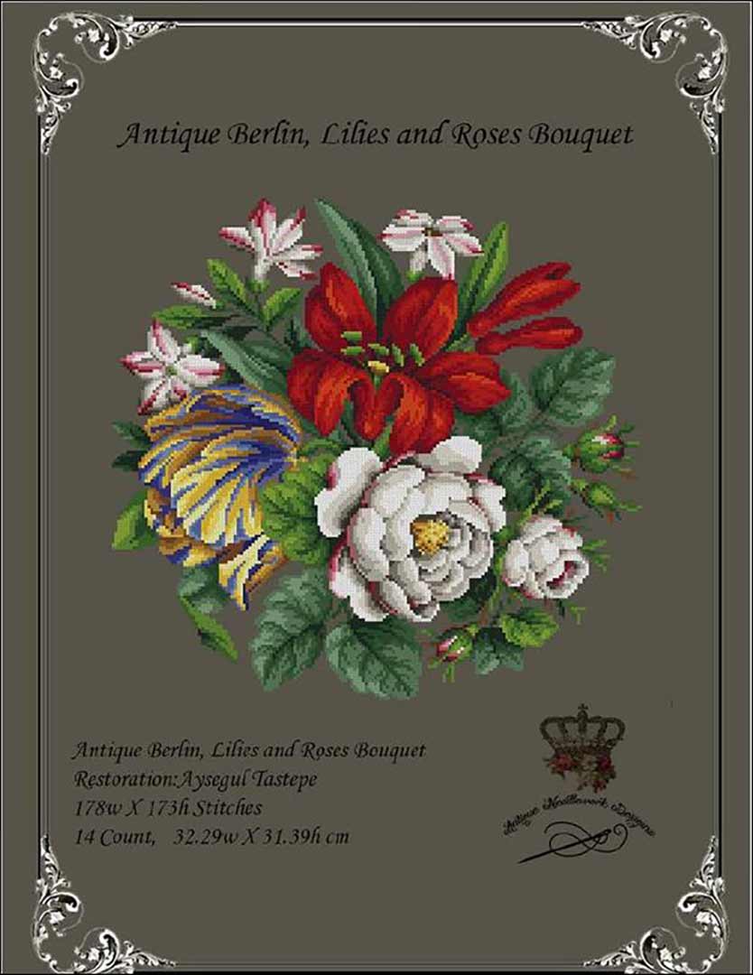 An image of the cover of the counted cross stitch pattern Antique Berlin Lilies and Roses Bouquet by Antique Needlework Design