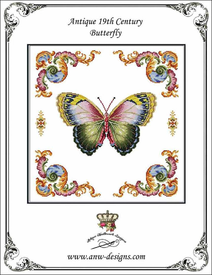 An image of the cover of the counted cross stitch pattern Antique Butterfly by Antique Needlework Design
