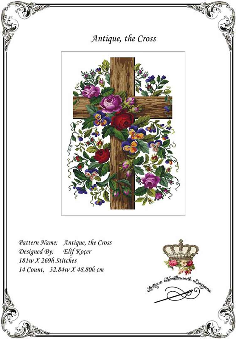 An image of the cover of the counted cross stitch pattern The Antique Cross by Antique Needlework Design
