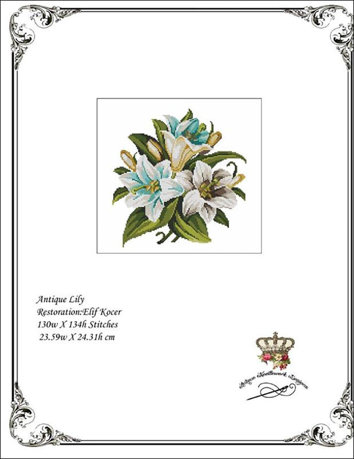 An image of the cover of the counted cross stitch pattern Antique Lily by Antique Needlework Design