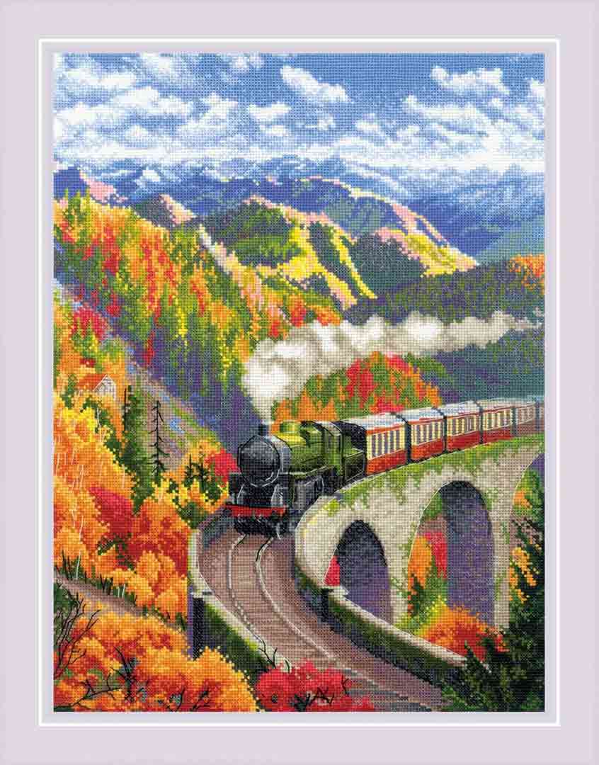A stitched preview of Autumn Express Counted Cross Stitch Kit