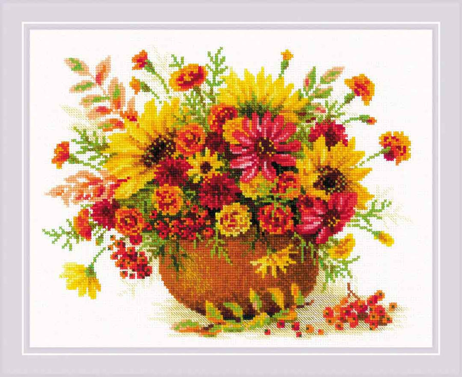 A stitched preview of Autumn Flowers Counted Cross Stitch Kit