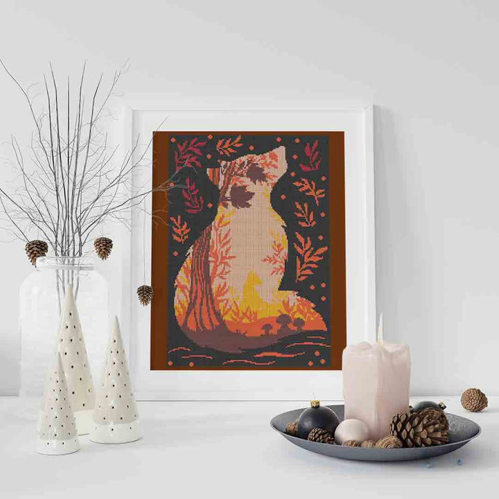 Image of stitched and framed preview of "Autumn Fox" a counted cross stitch pattern and kit by Stitch Wit