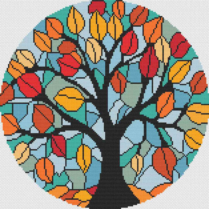 A stitched preview of the counted cross stitch pattern and kit "Stained Glass Autumn Leaves"