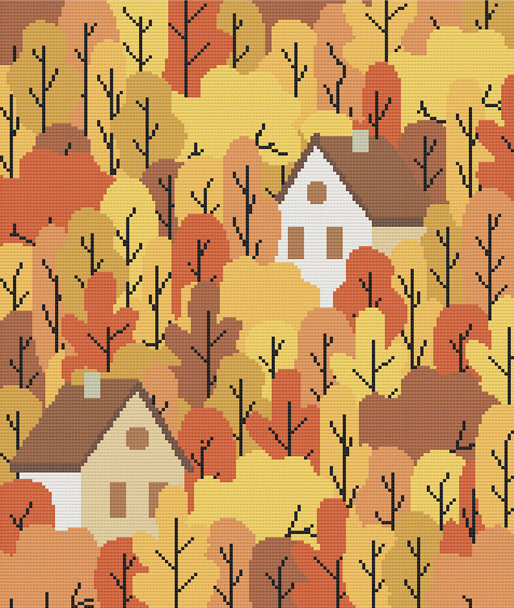 Stitched preview of Autumn Village Counted Cross Stitch Pattern and Kit