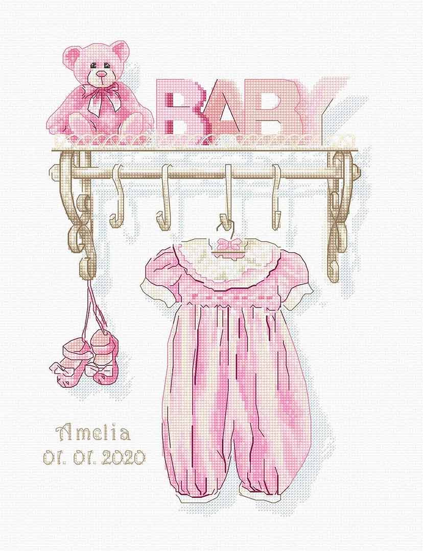Stitched preview of Baby Girl Birth Counted Cross Stitch Kit