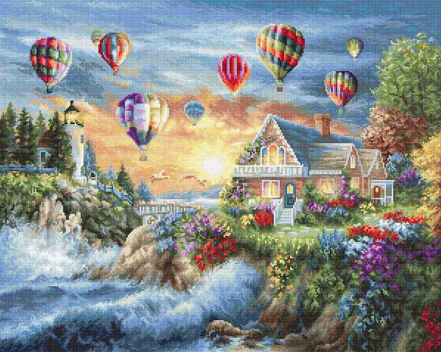 Stitched preview of Balloons Over Sunset Cove Counted Cross Stitch Kit