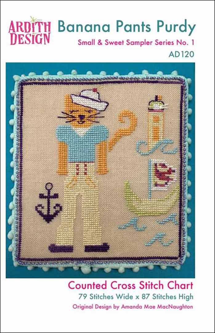 An image of the cover of the counted cross stitch pattern Banana Pants Purdy by Ardith Design