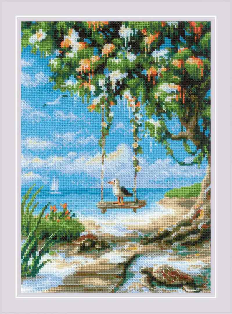 A stitched preview of Beach Swing Counted Cross Stitch Kit