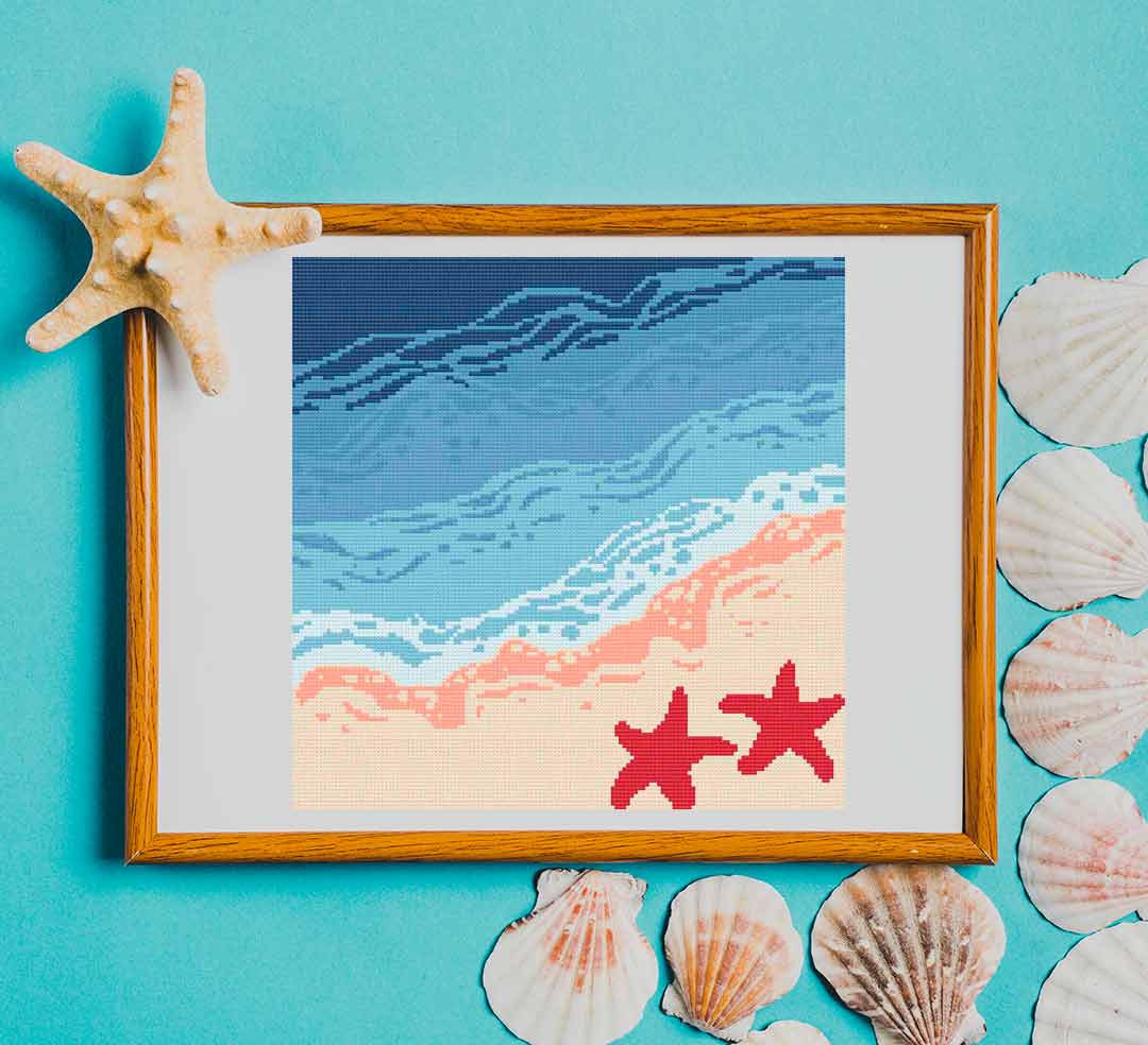 A stitched preview of the counted cross stitch kit "Beach" by Stitch Wit