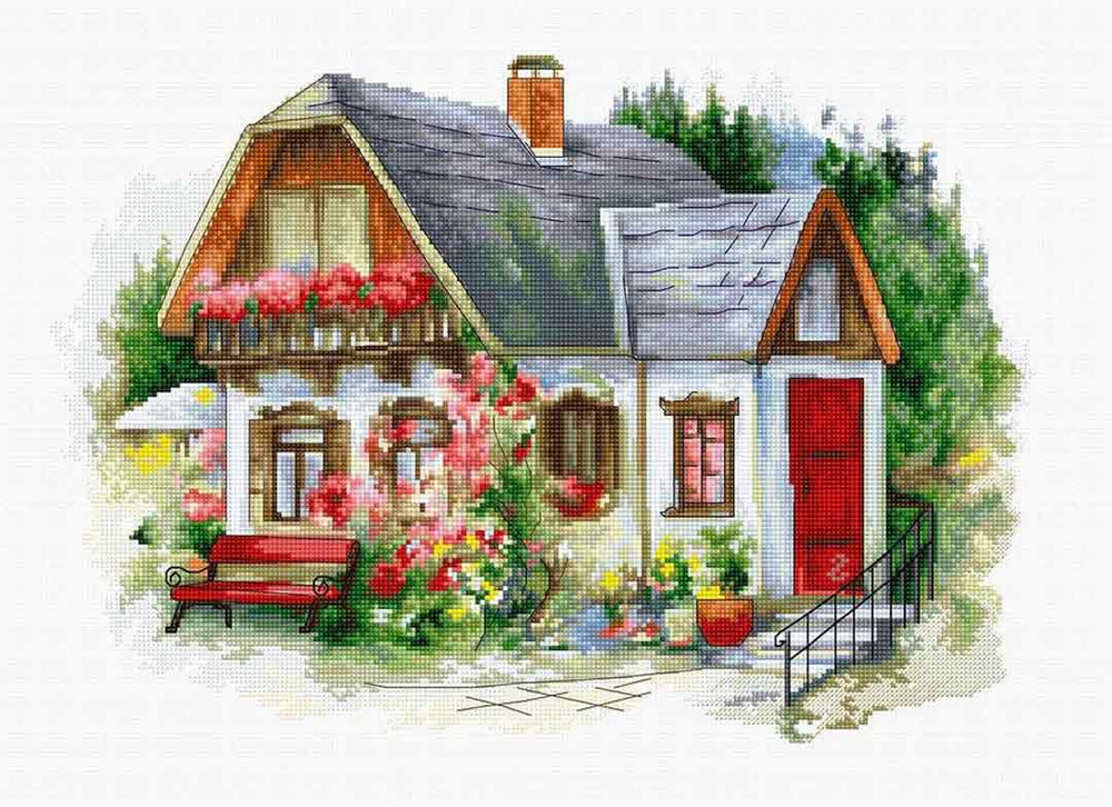 Stitched preview of Beautiful Country Home Counted Cross Stitch Kit