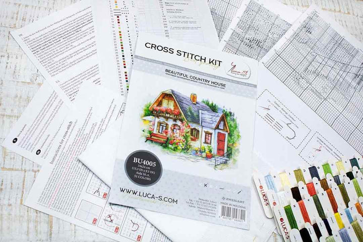 All the supplies included in Beautiful Country Home Counted Cross Stitch Kit