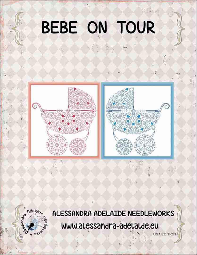 An image of the cover of the counted cross stitch pattern Bebe On Tour by Alessandra Adelaide