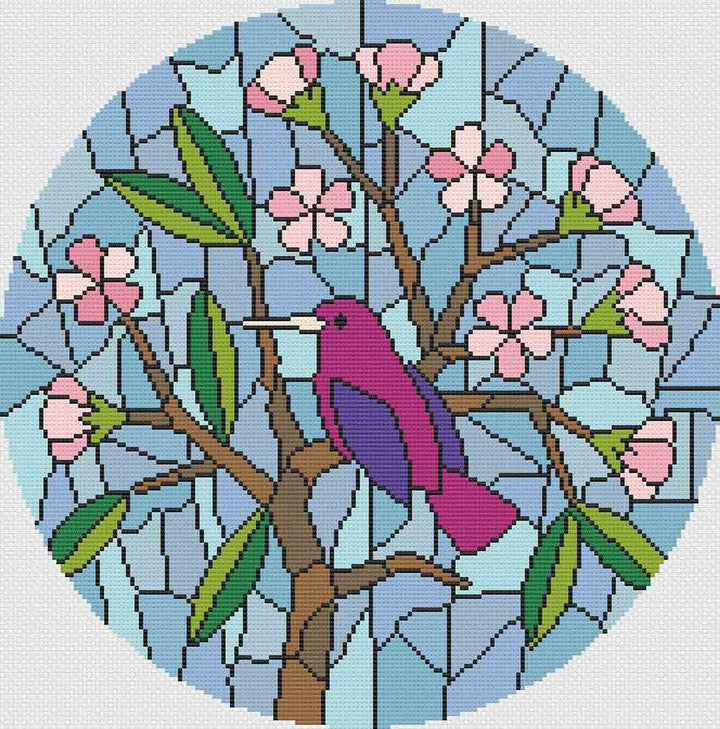 A stitched preview of Stained Glass Bird In A Tree: Counted Cross Stitch Pattern and Kit by Stitch Wit