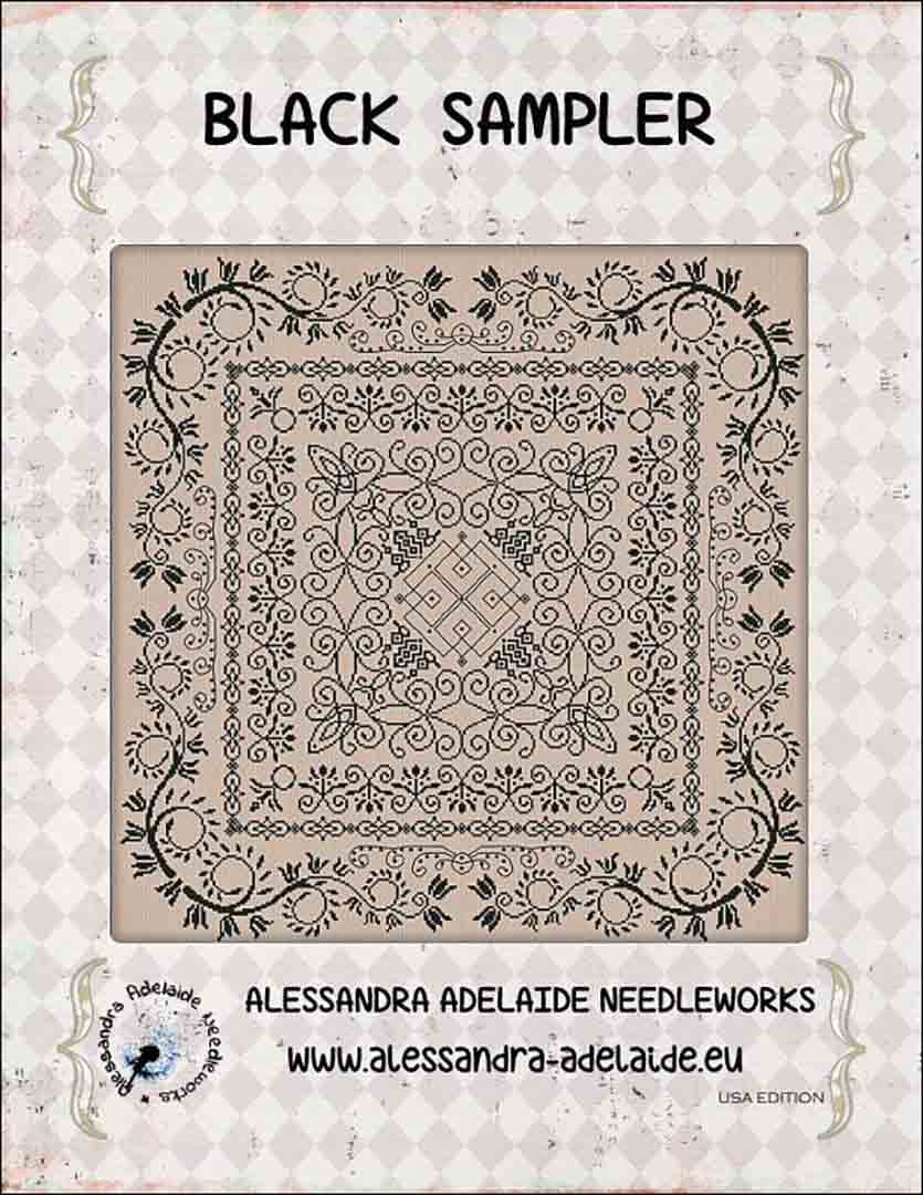 An image of the cover of the counted cross stitch pattern Black Sampler by Alessandra Adelaide