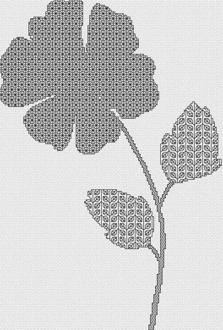 A stitched preview of Blackwork Flower: Counted Cross Stitch Pattern and Kit