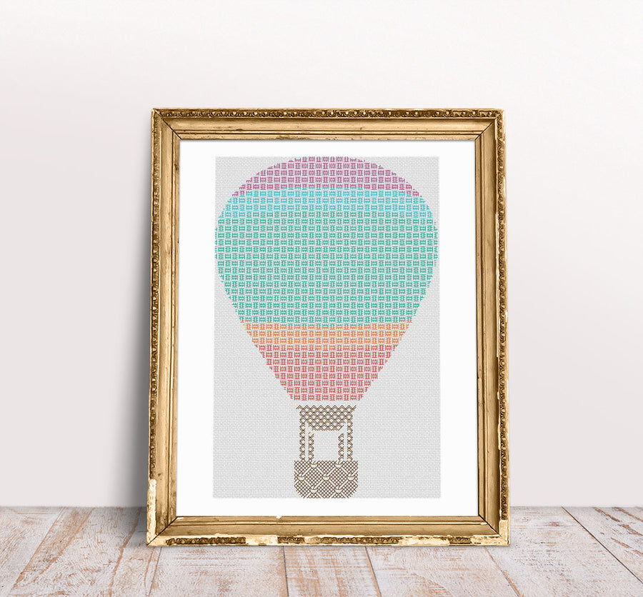 A stitched preview of Blackwork Hot Air Balloon: Counted Cross Stitch Pattern and Kit