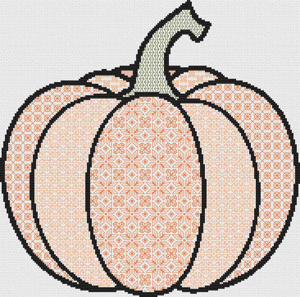 A stitched preview of the counted cross stitch pattern Blackwork Pumpkin by Stitch Wit