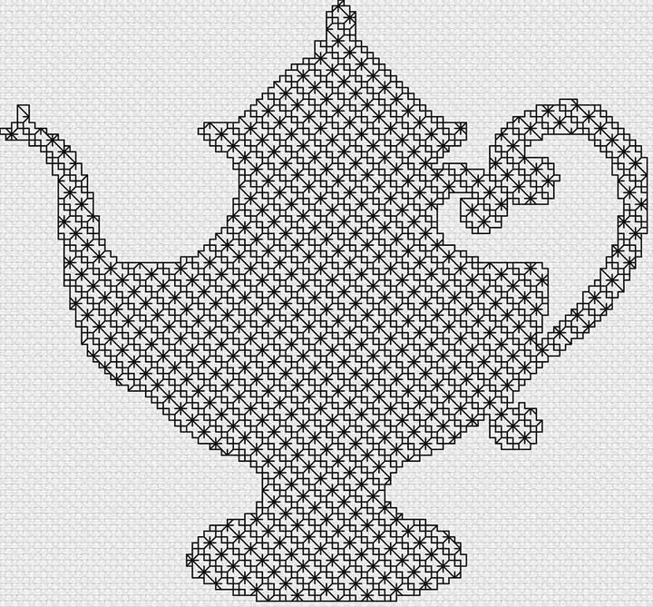 A stitched preview of the counted cross stitch pattern Blackwork Teapot by Stitch Wit