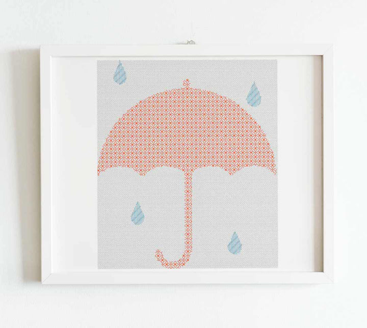 A stitched preview of the counted cross stitch pattern and kit "Blackwork Umbrella and Raindrops" by Stitch Wit