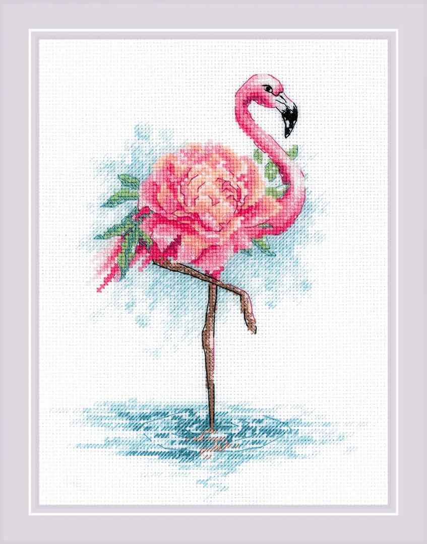 A stitched preview of Blooming Flamingo Counted Cross Stitch Kit