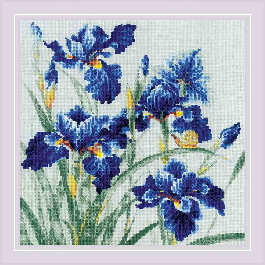 A stitched preview of Blue Irises Counted Cross Stitch Kit