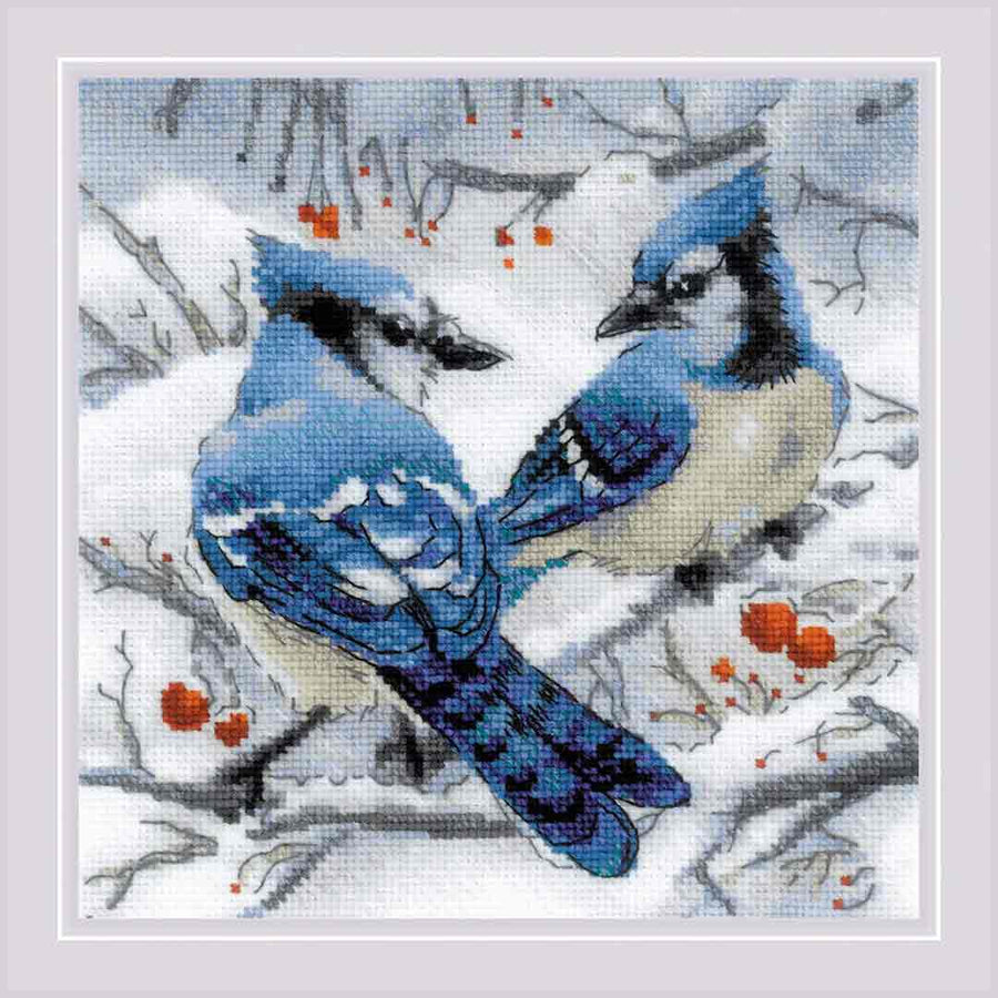A stitched preview of Blue Jays Counted Cross Stitch Kit