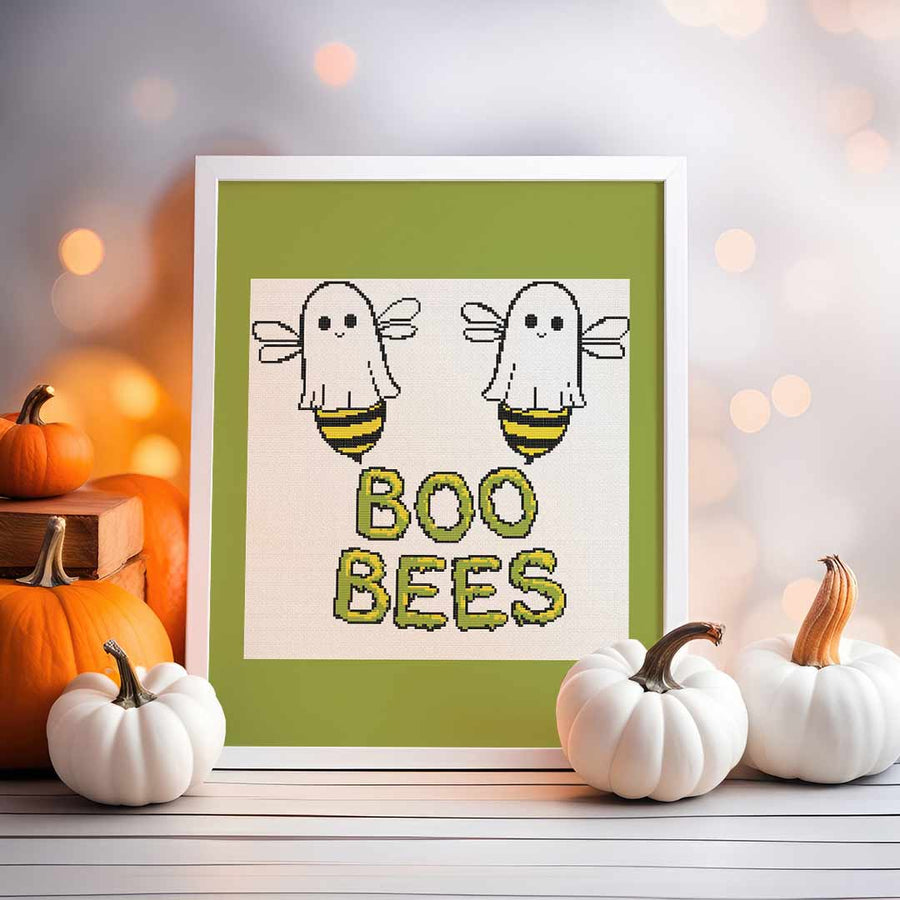 Image of stitched and framed preview of "Boo Bees" Counted Cross Stitch Pattern and Kit by Stitch Wit