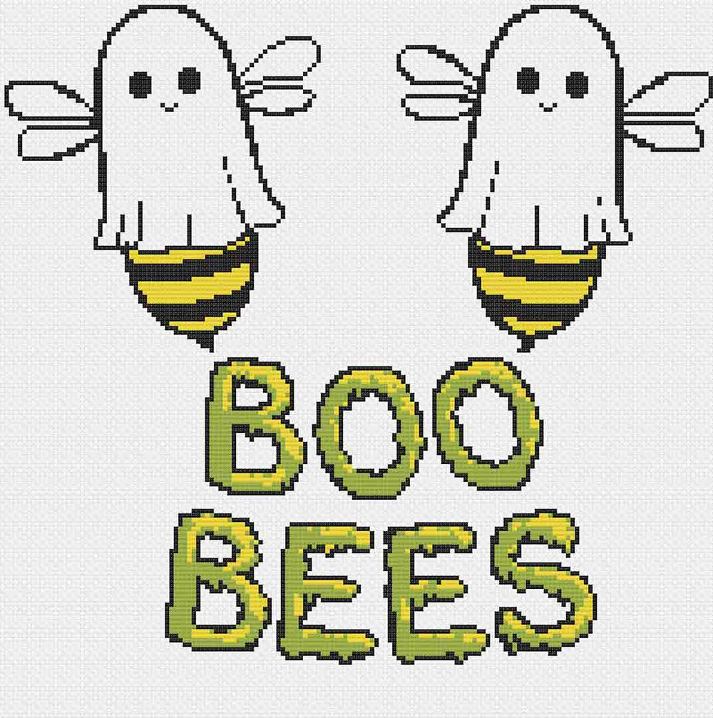 Image of stitched preview of "Boo Bees" Counted Cross Stitch Pattern and Kit by Stitch Wit