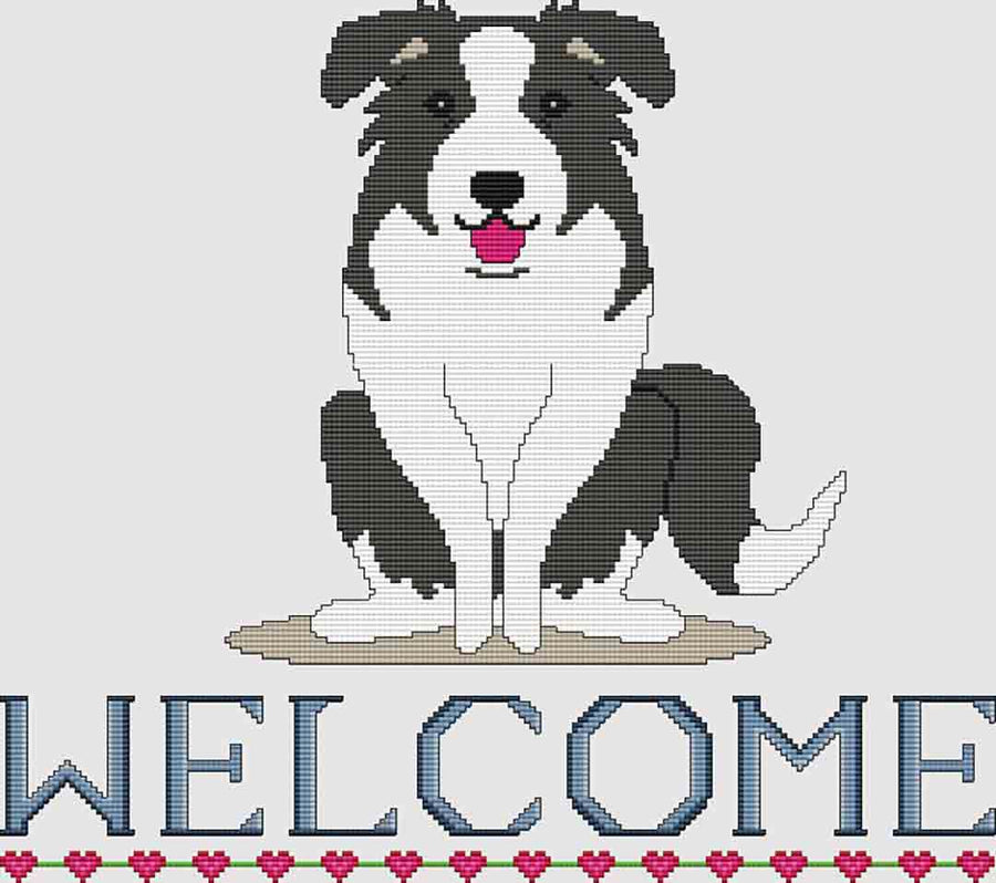 An image of a stitched preview of the counted cross stitch pattern Border Collie Welcome by DogShoppe Designs
