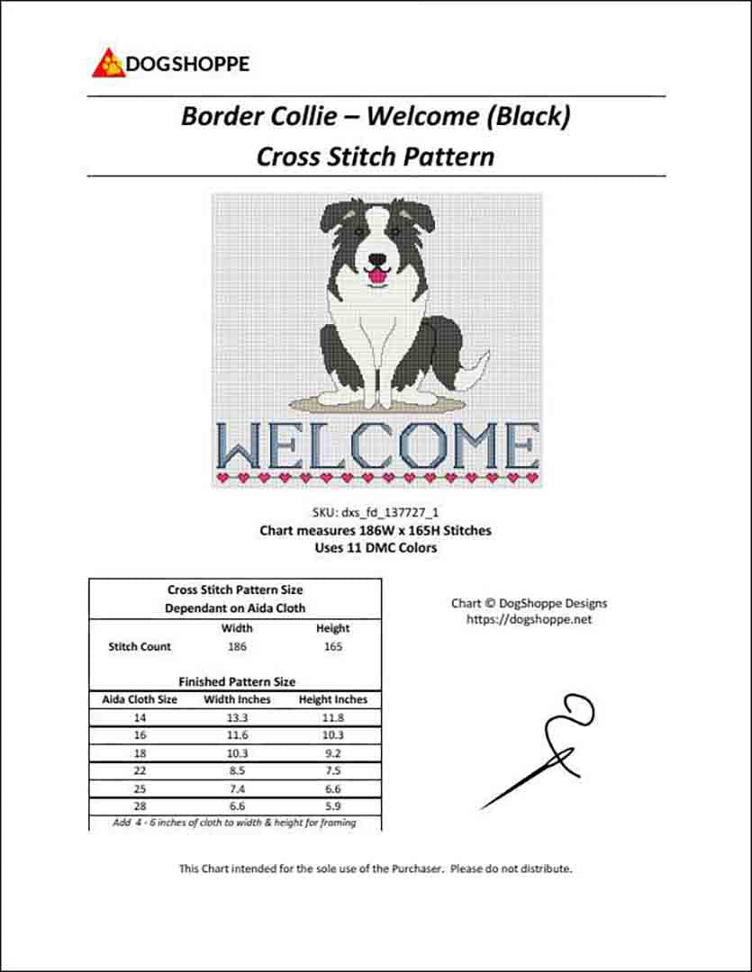 An image of the cover of the counted cross stitch pattern Border Collie Welcome by DogShoppe Designs
