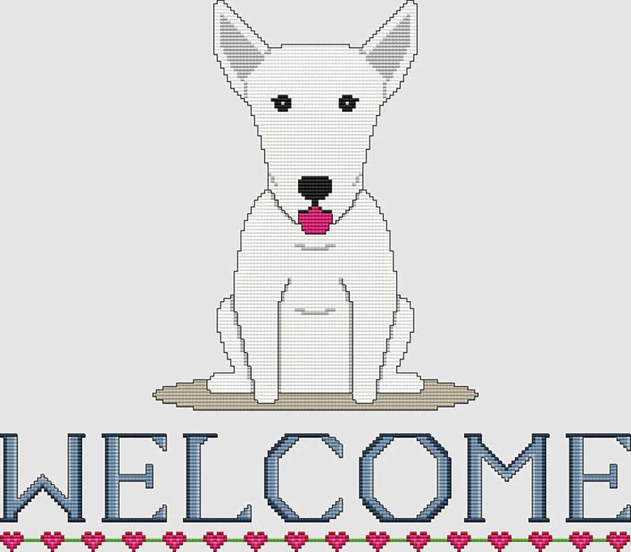 A stitched preview of the counted cross stitch pattern Bull Terrier Welcome by DogShoppe Designs