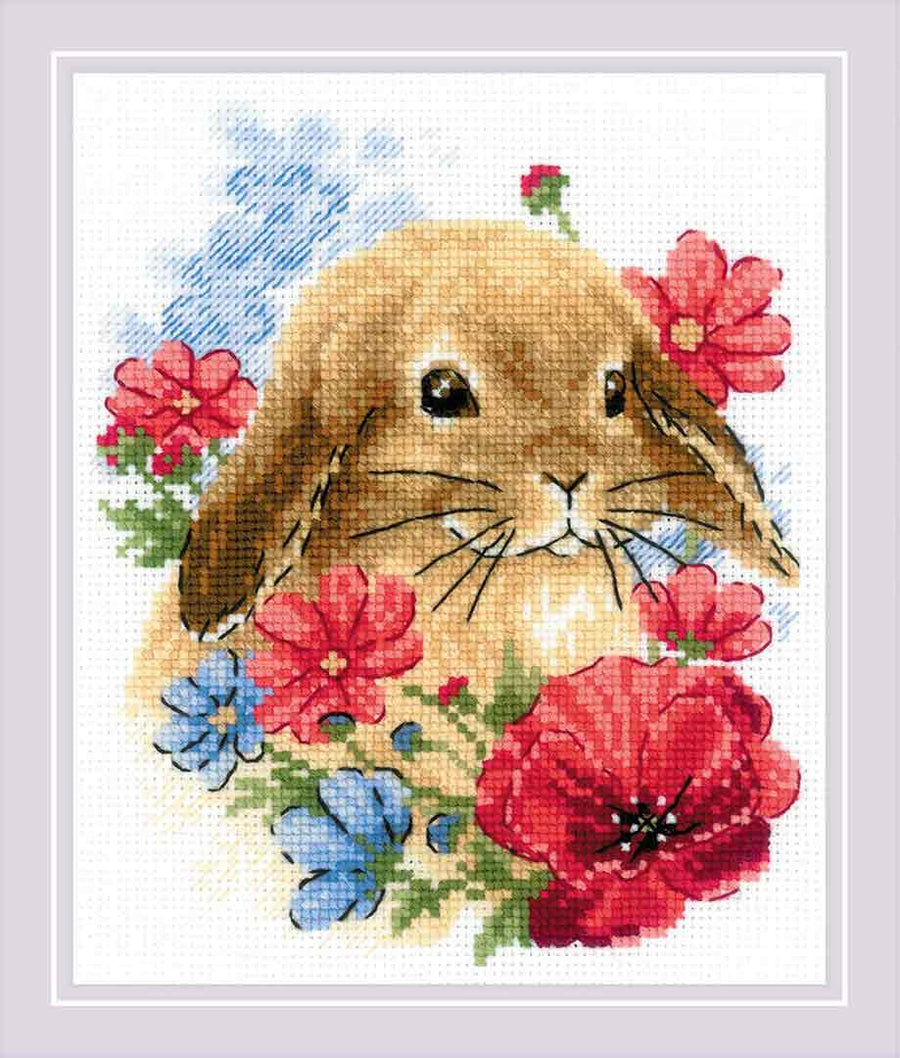 A stitched preview of Bunny In Flowers Counted Cross Stitch Kit