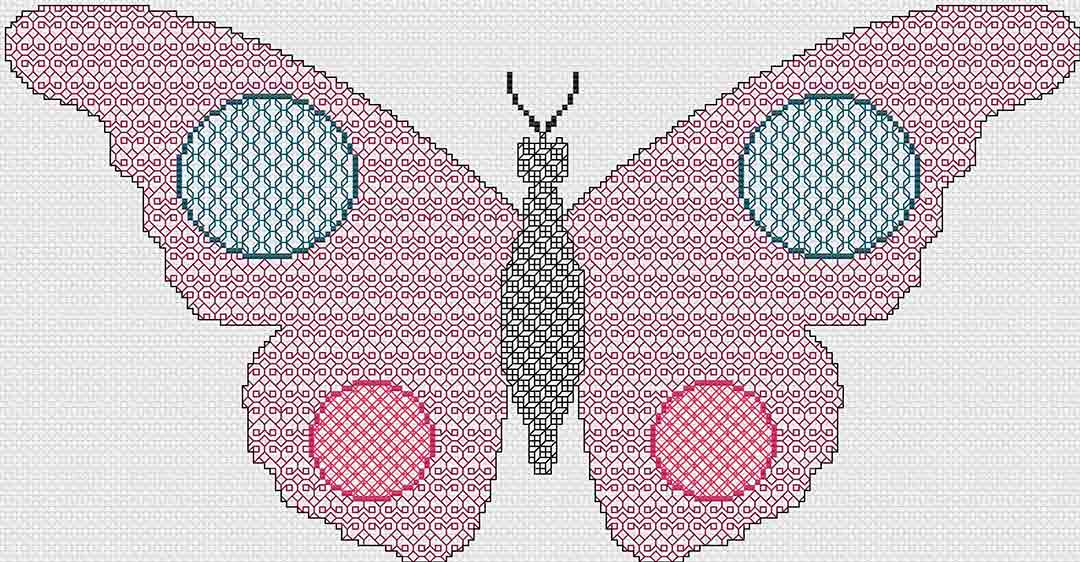 A stitched preview of Blackwork Butterfly: Counted Cross Stitch Pattern and Kit