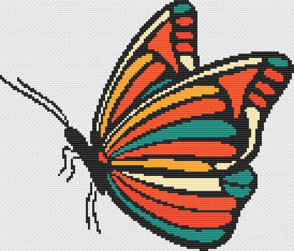 A stitched preview of the counted cross stitch pattern and kit "Retro Butterfly" by Stitch Wit