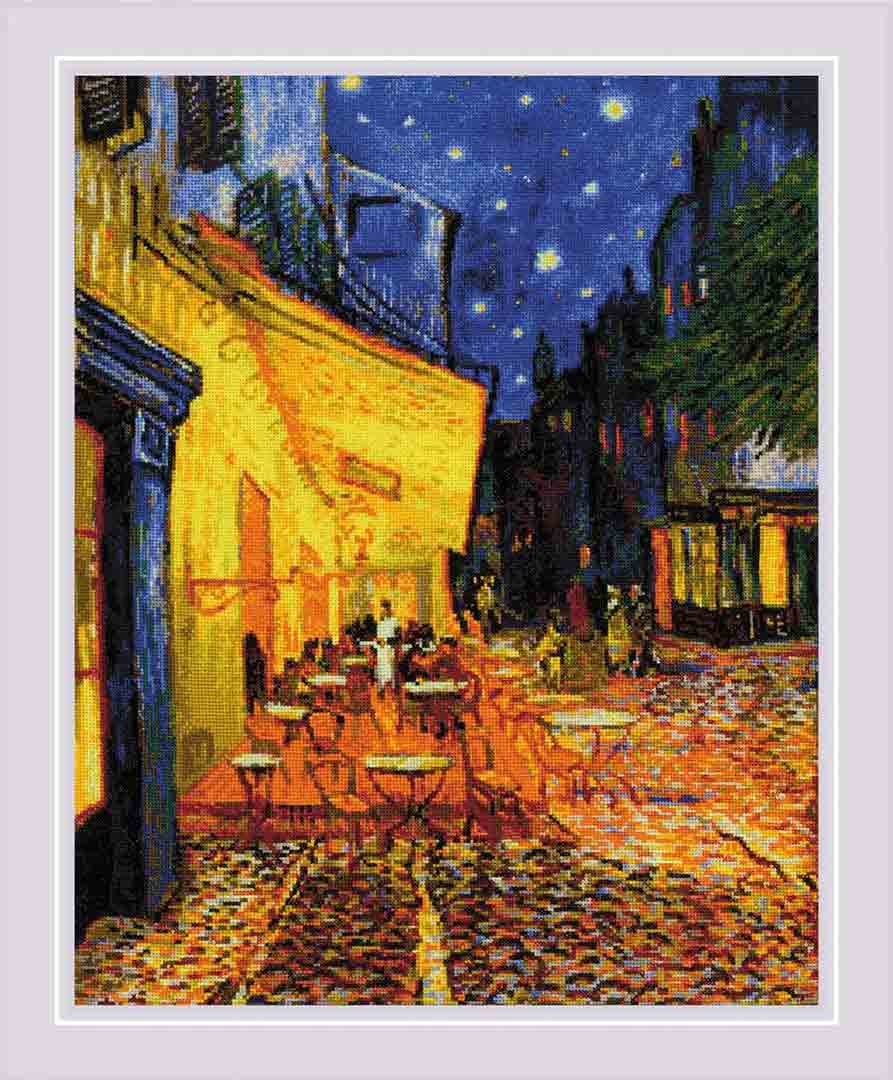 A stitched preview of Cafe Terrace At Night After Van Gogh's Painting Counted Cross Stitch Kit