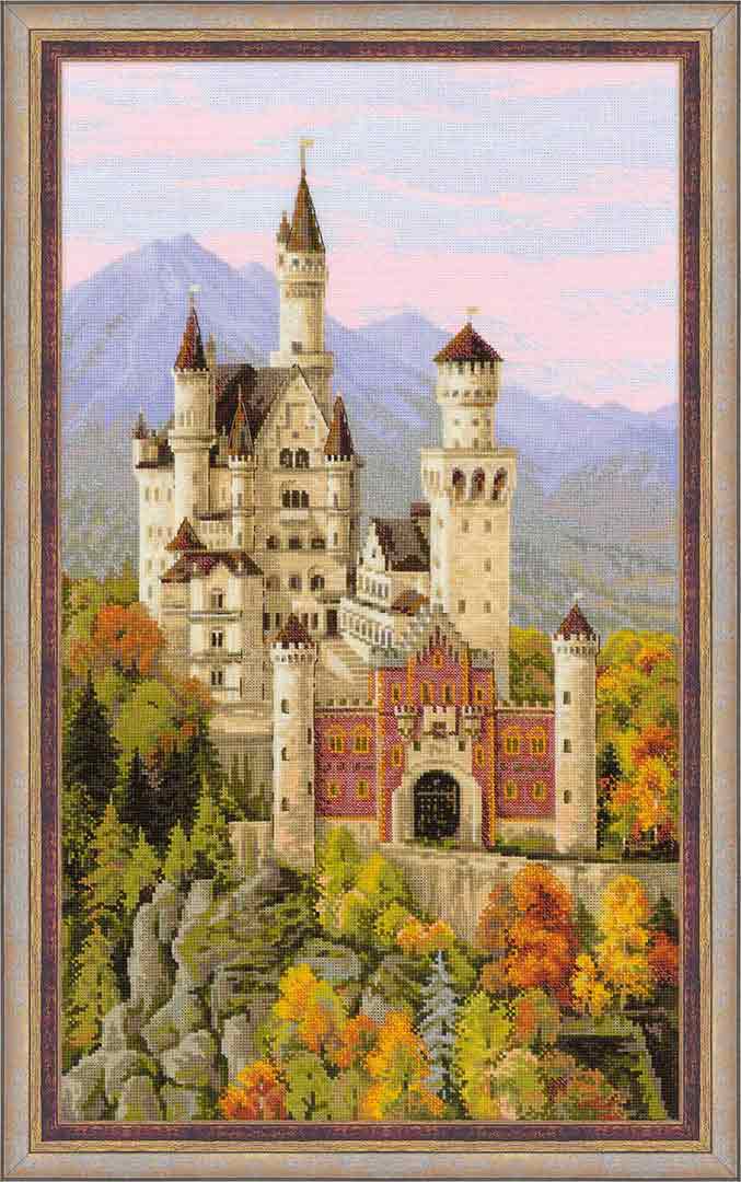 A stitched preview of Neuschwanstein Castle Counted Cross Stitch Kit